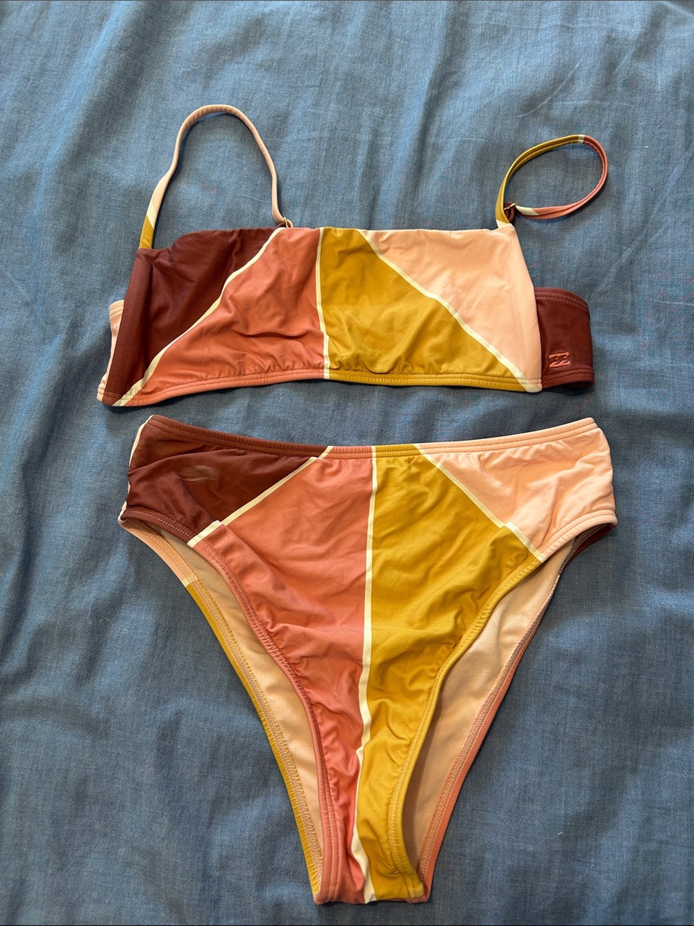Billabong Colorblock Pink Peach Mustard Brown Bikini Set